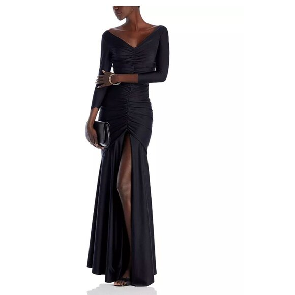 Chiara Boni La Petite Robe Ruched Front Slit Mermaid Gown Black 50 US 12 - Picture 5 of 16